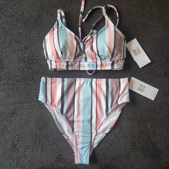 Hurley 2pc striped bikini, high-waisted  moderate coverage size small - Picture 1 of 8